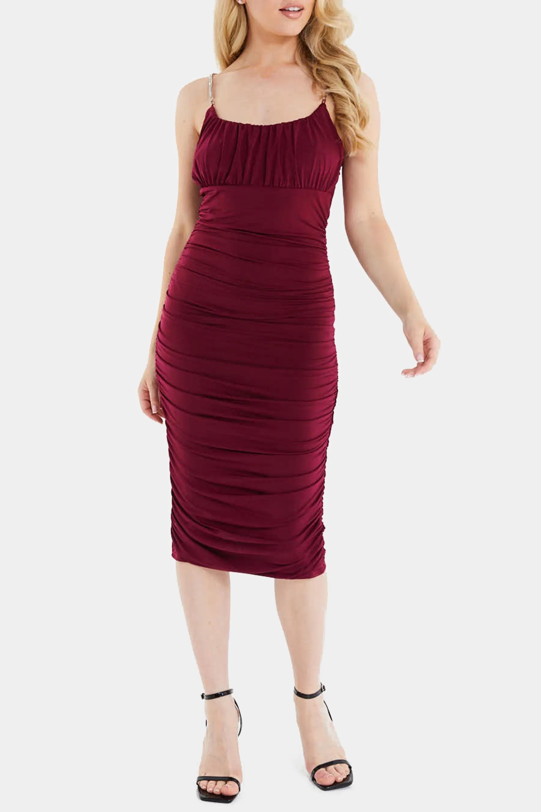 Berry Ity Ruched Bust Diamante Strap Midi Dress sold by Lord & Taylor