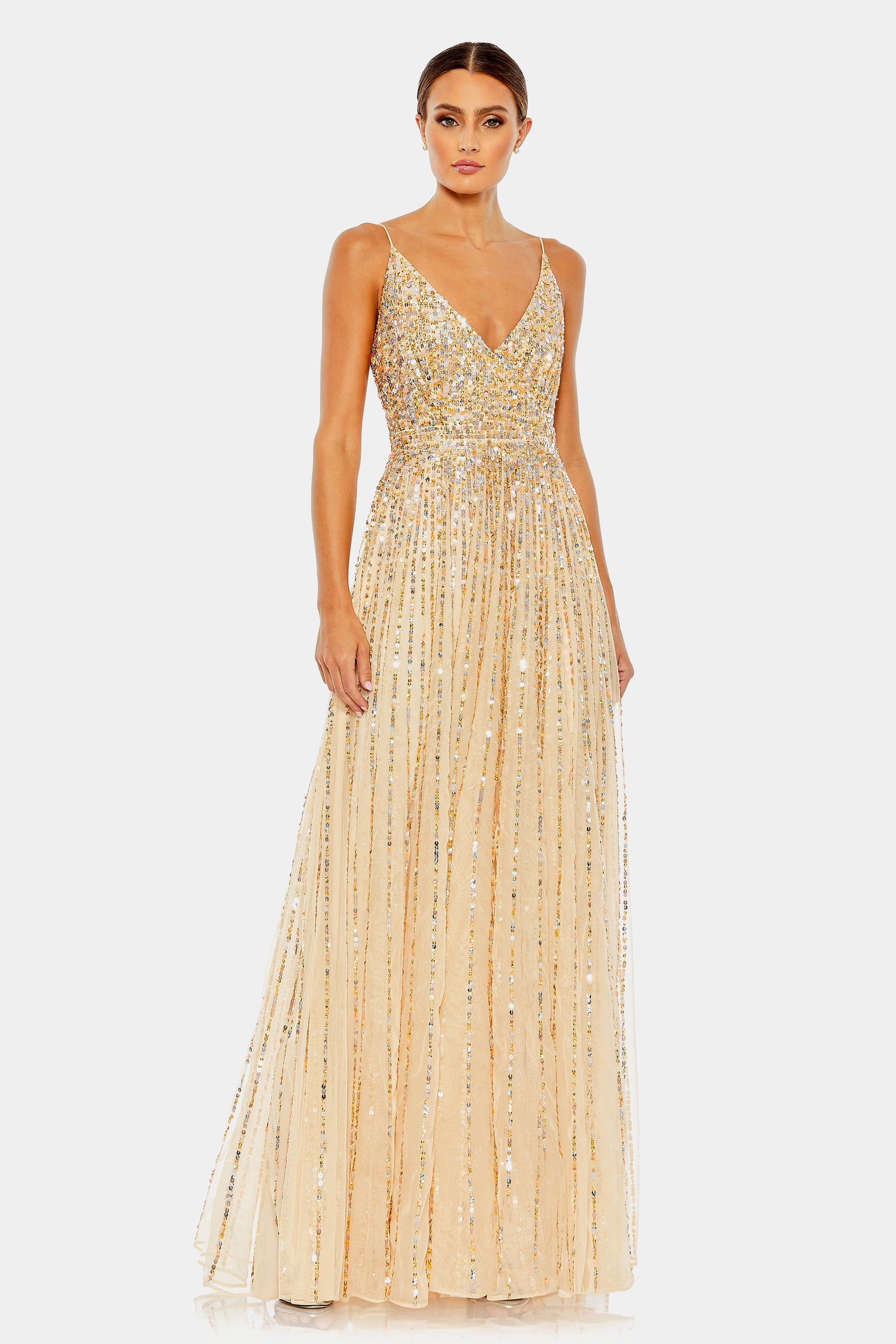Sequined Sleeveless Wrap Over A-Line Gown sold by Lord & Taylor