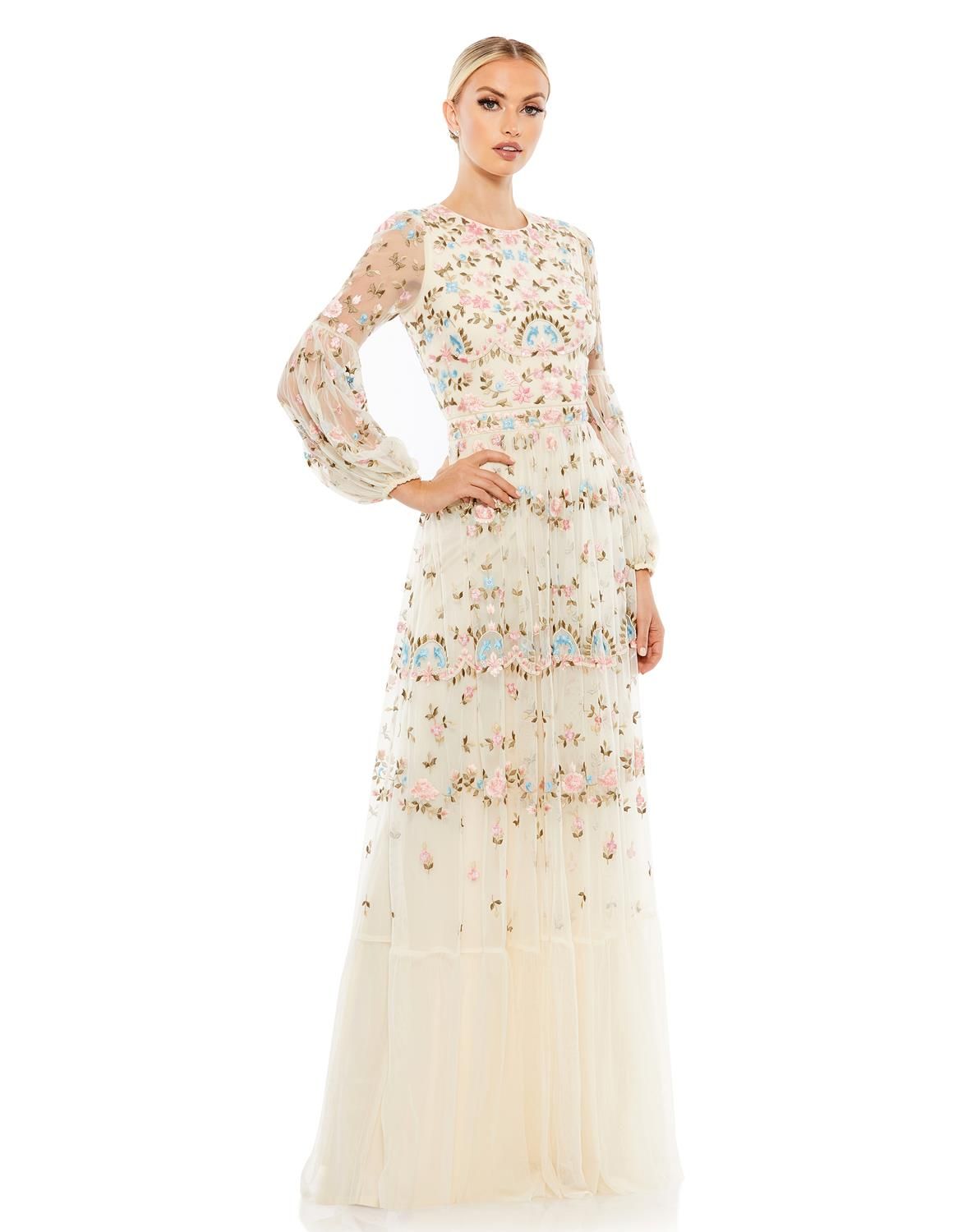 Embroidered High Neck Illusion Sleeve Tiered Gown sold by Lord & Taylor product image thumbnail 6