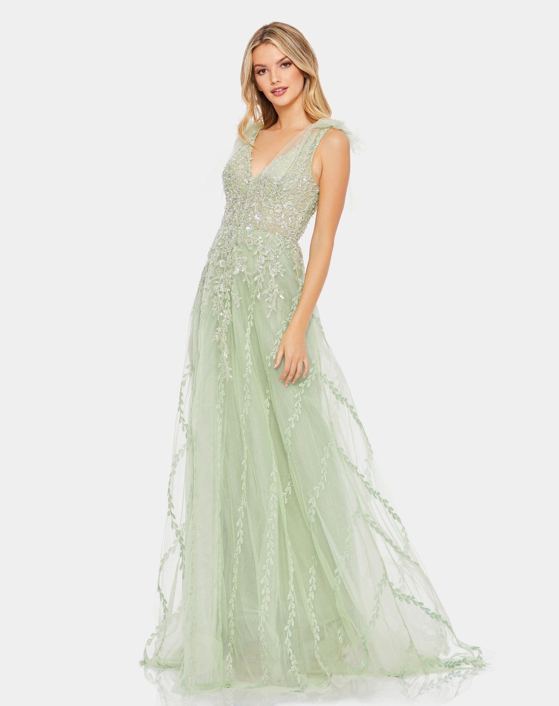 Embellished Soft Tie Sleeveless V Neck Gown sold by Lord & Taylor