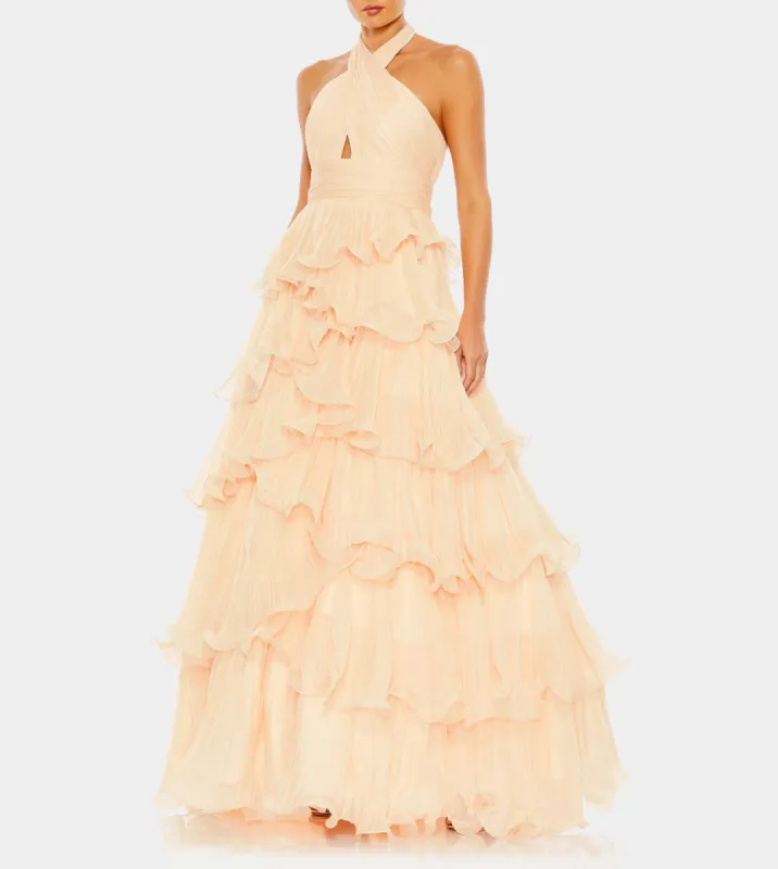 Pleated Ruffle Tiered Cross Halter Neck Ballgown sold by Lord & Taylor
