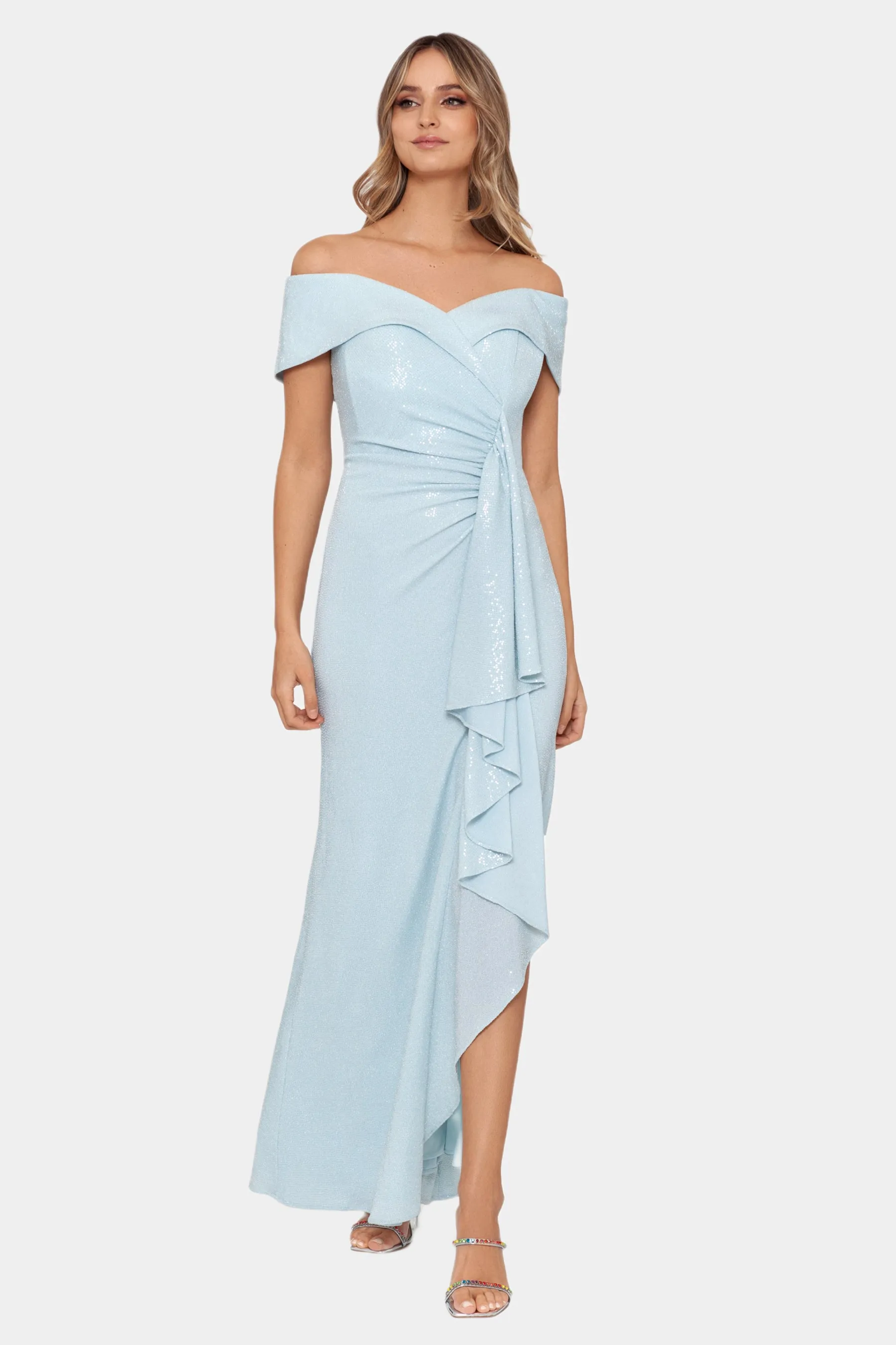 Long Off The Shoulder Ruffle Ruched Dress sold by Lord & Taylor