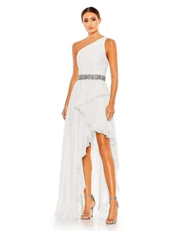 Pleated One Shoulder Asymmetrical Ruffle Hem Gown sold by Lord & Taylor