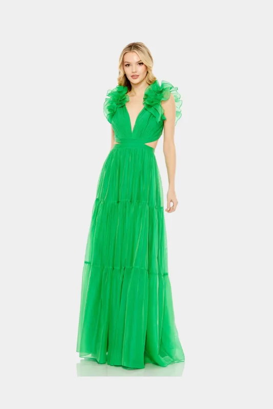 Ruffled Shoulder Cut Out Soft Tie Back Tiered Gown sold by Lord & Taylor