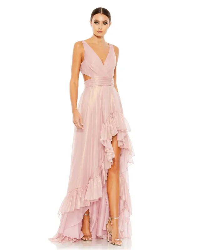 Sleeveless Cut Out High Low Ruffled Hem Gown sold by Lord & Taylor