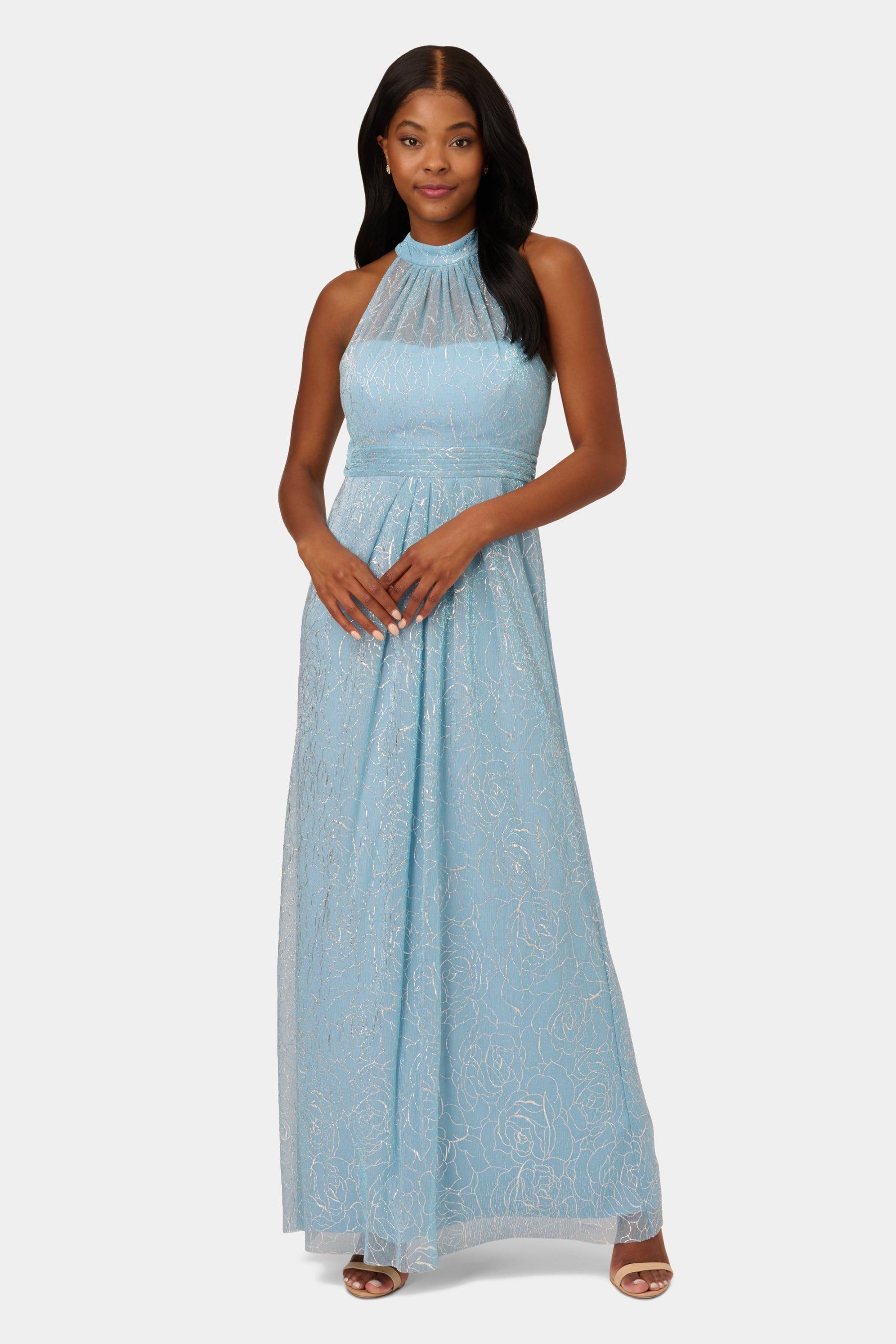 Metallic Stencil Halter Gown sold by Lord & Taylor