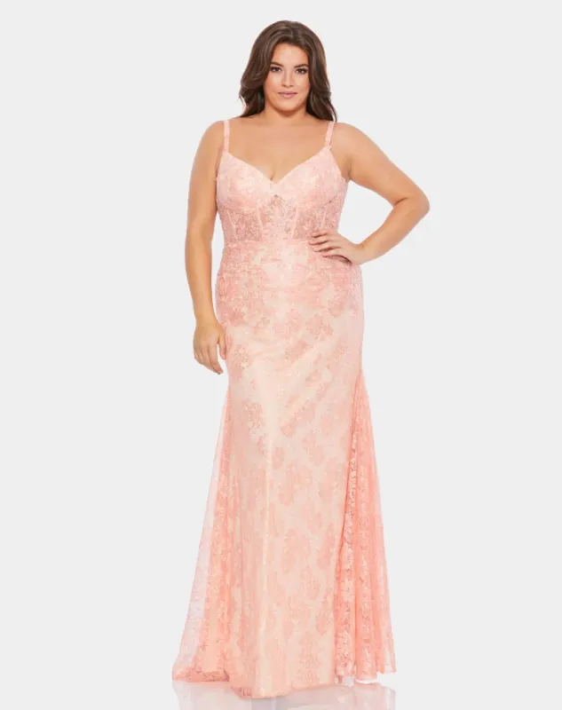Lace Sleeveless Illusion Corset Trumpet Gown sold by Lord & Taylor