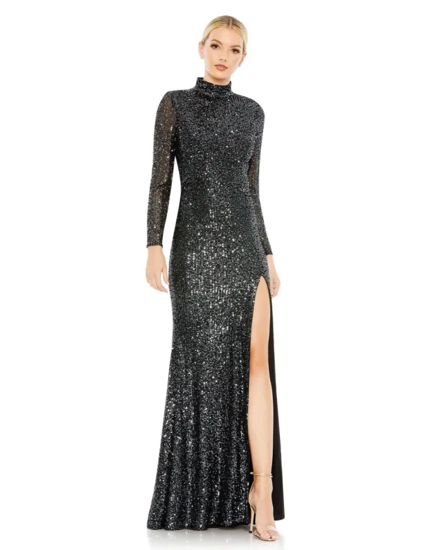 Sequined High Neck Long Sleeve  Lace Up Gown sold by Lord & Taylor