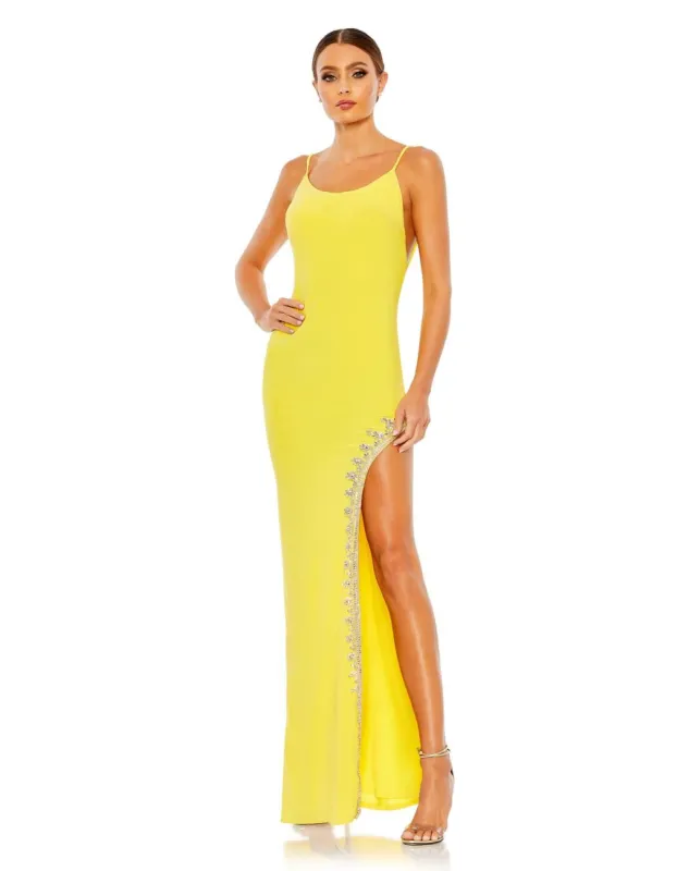 Rhinestone Encrusted Side Slit Cami Body Con Gown made by Mac Duggal
