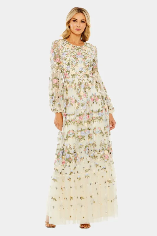 High Neck Floral Embroidered Puff Sleeve Gown sold by Lord & Taylor