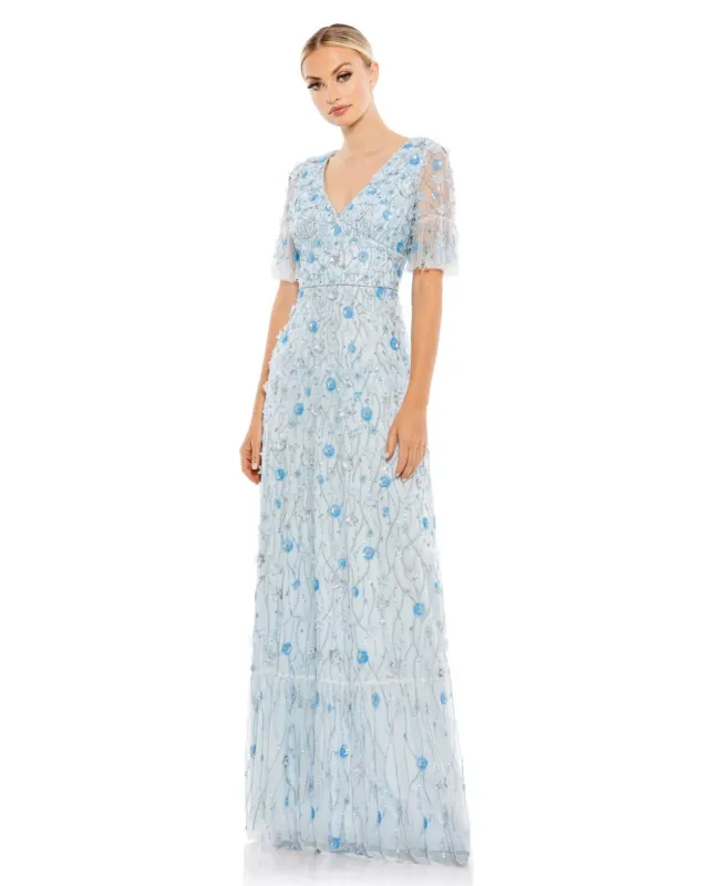 Embellished V Neck Empire Waist Ruffle Hem Gown sold by Lord & Taylor