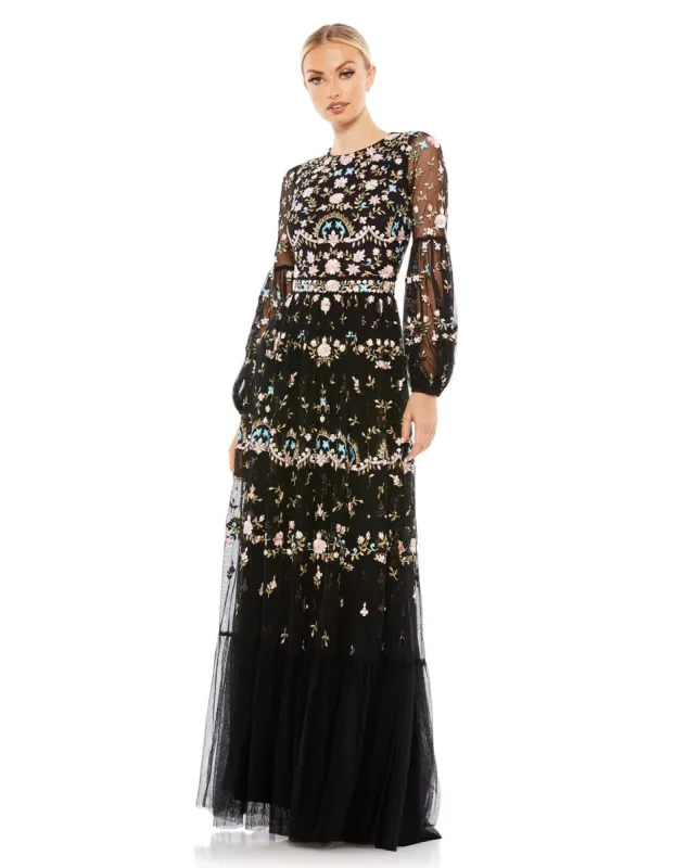 Embroidered High Neck Illusion Sleeve Tiered Gown sold by Lord & Taylor
