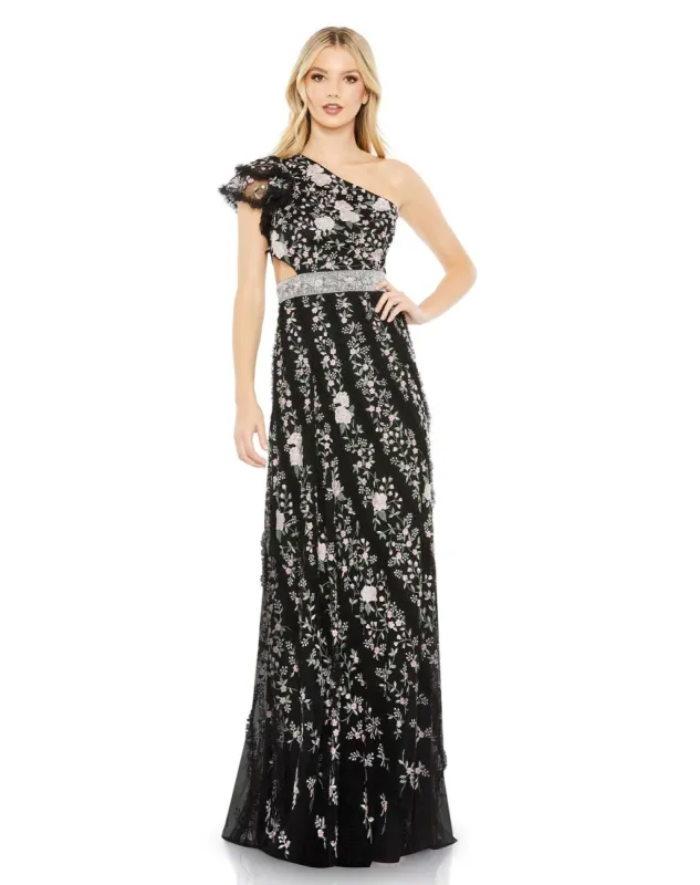 Embroidered Ruffled One Shoulder Lace Up Gown sold by Lord & Taylor