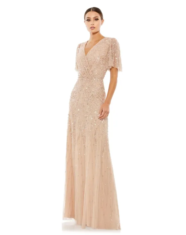 Beaded Wrap Over Butterfly Sleeve Column Gown sold by Lord & Taylor
