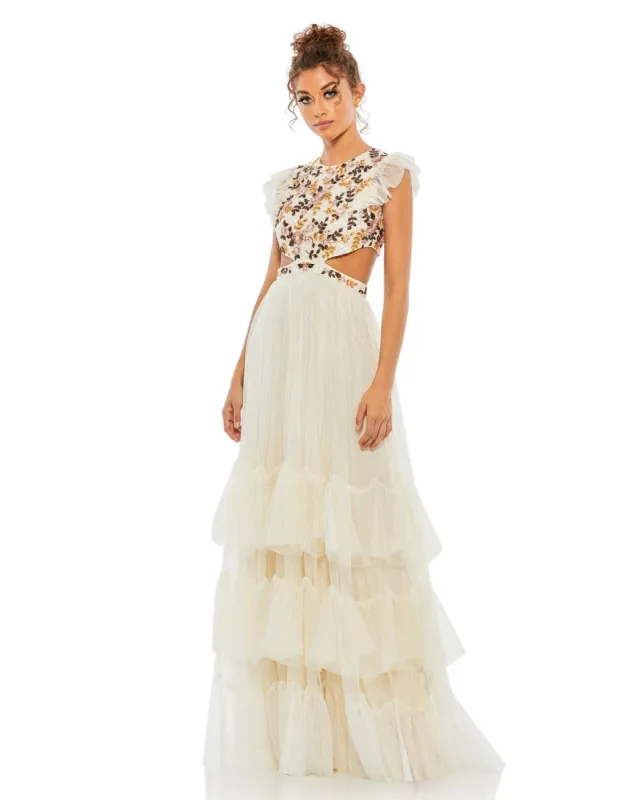 Embroidered Bodice Cap Sleeve Ruffle Tiered Gown sold by Lord & Taylor