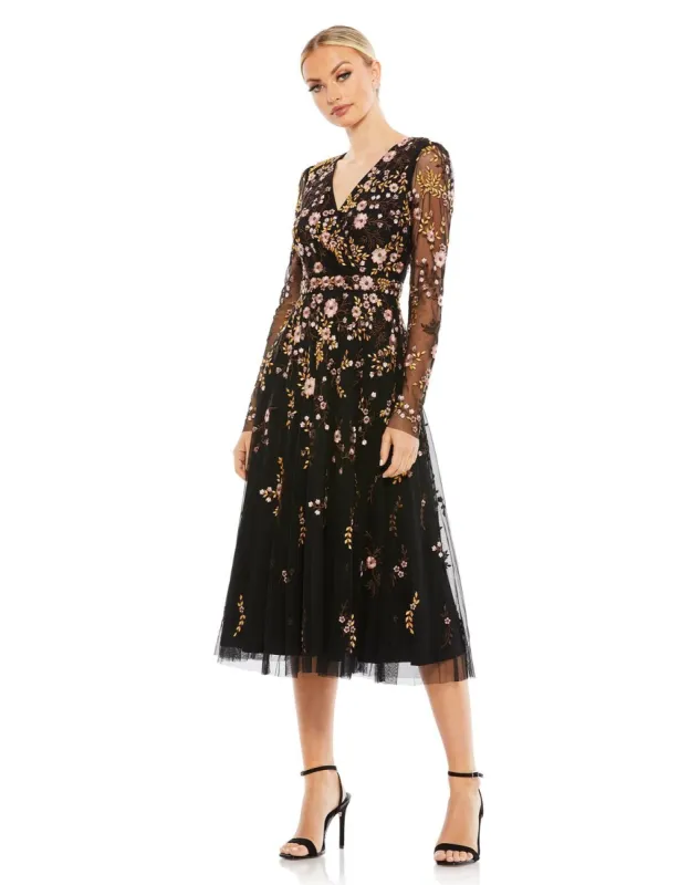 Embroidered Wrap Over Illusion Sleeve Midi Dress sold by Lord & Taylor