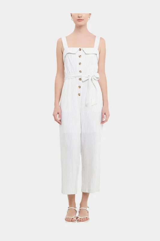 Striped Linen Jumpsuit with Wooden Buttons sold by Lord & Taylor