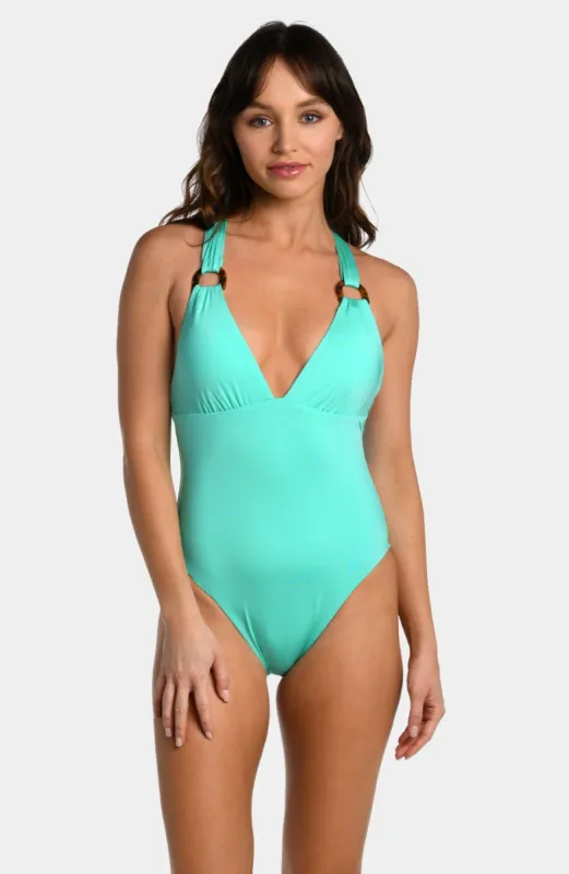 Tortoise Strap V-Plunge One Piece Swimsuit sold by Lord & Taylor