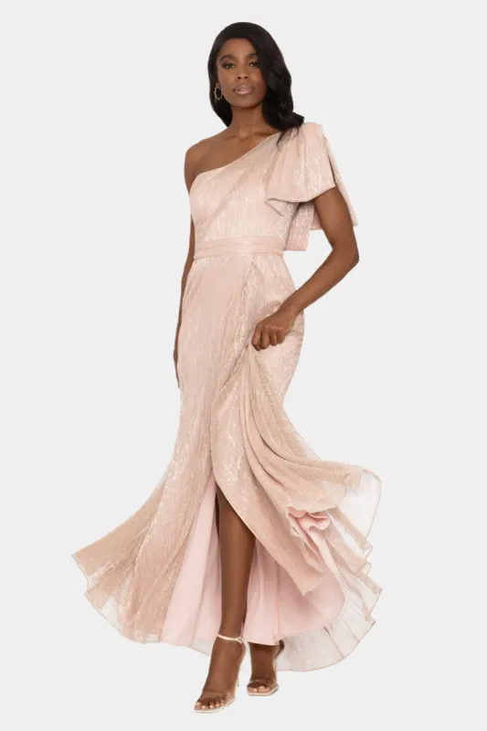 Long Crinkle Metallic Ruffle 1 Shoulder sold by Lord & Taylor