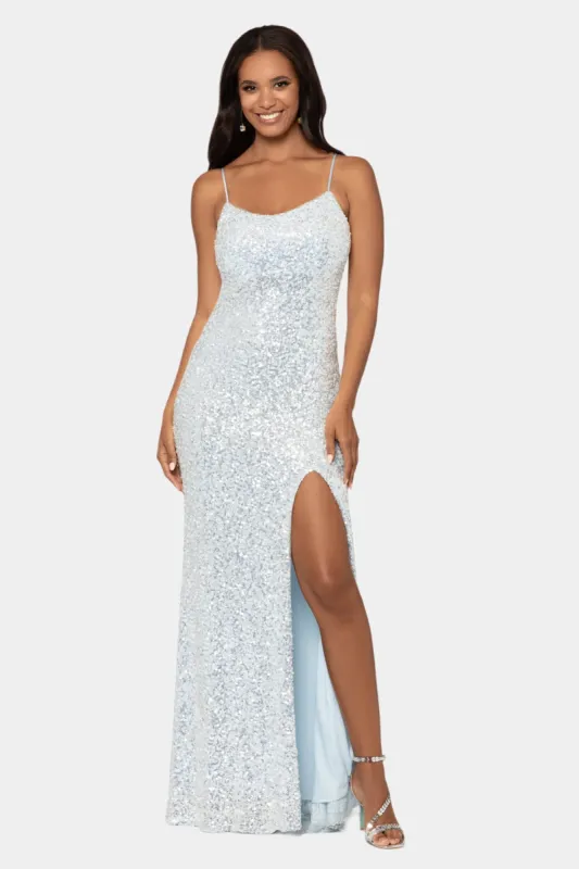 Long Sequin Spaghetti Srap Slit sold by Lord & Taylor