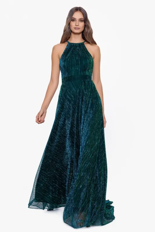 Long Halter Neck Metallic Crinkle Dress sold by Lord & Taylor