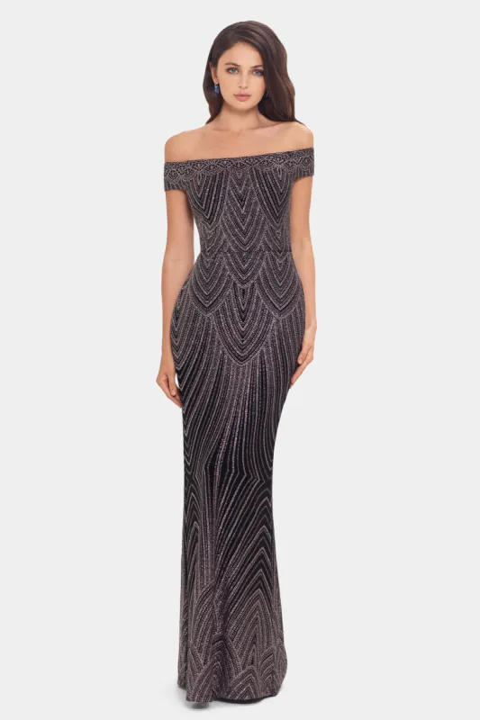 Long Off the Shoulder Deco Glitter Dress sold by Lord & Taylor