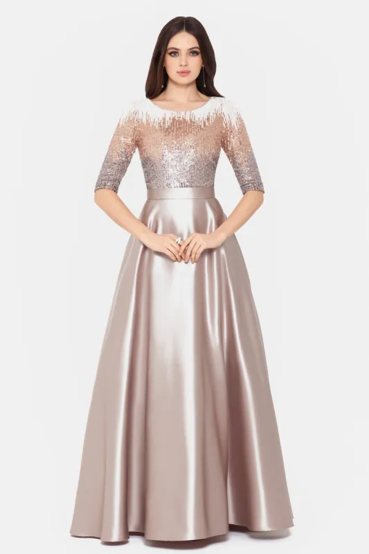 Long 3/4 Sleeve Sequin Satin Ballgown sold by Lord & Taylor