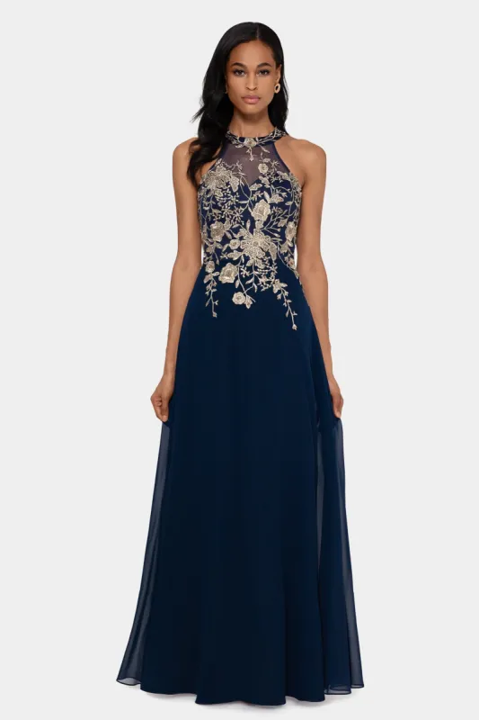 Long Embroidered Halter Chiffon Gown sold by Lord & Taylor
