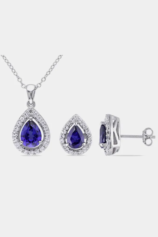 2-Piece Set Created Blue and White Sapphire Teardrop Halo Necklace & Earrings Set in Sterling Silver sold by Lord & Taylor