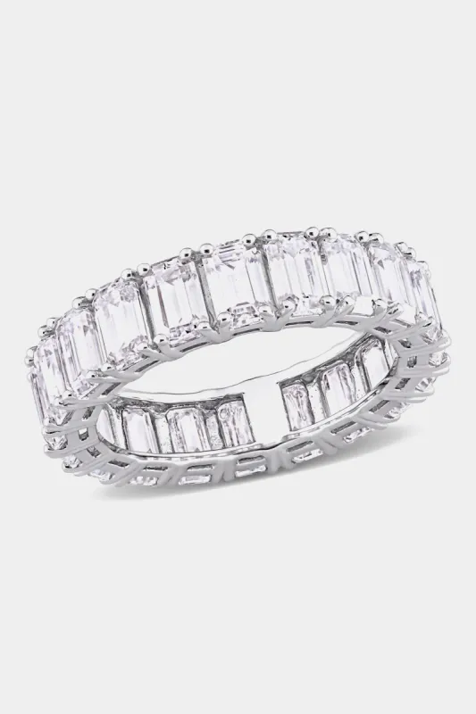 Emerald cut Moissanite Eternity Ring in Sterling Silver sold by Lord & Taylor