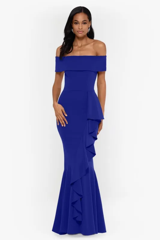 Long Off the Shoulder Scuba Front Ruffle Cascade sold by Lord & Taylor