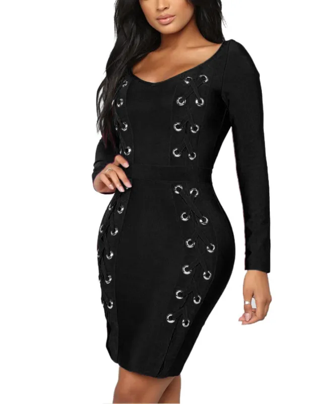 Long Sleeve Lace Up Bodycon Stretch Bandage Dress sold by Lord & Taylor