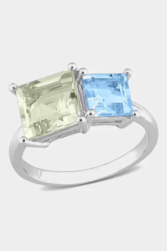 Square Green Quartz and Blue Topaz 2-Stone Ring in Sterling Silver sold by Lord & Taylor