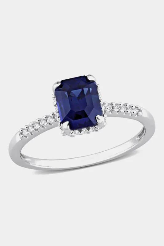 Octagon Sapphire and Diamond Halo Engagement Ring in 14k White Gold sold by Lord & Taylor