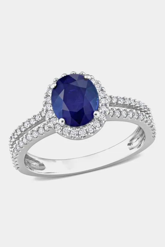 Oval Sapphire and Diamond Halo Double Row Ring in 14k White Gold sold by Lord & Taylor