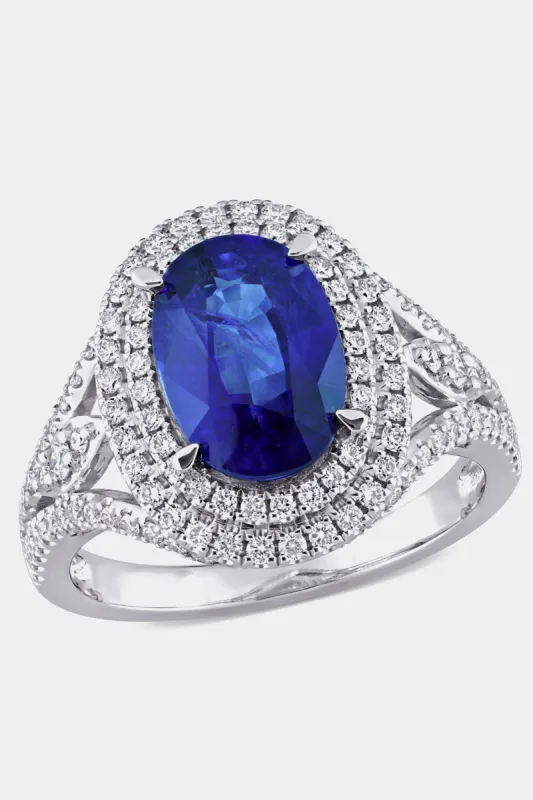 Oval Sapphire and Diamond Halo Cocktail Ring in 14k White Gold made by Lord & Taylor