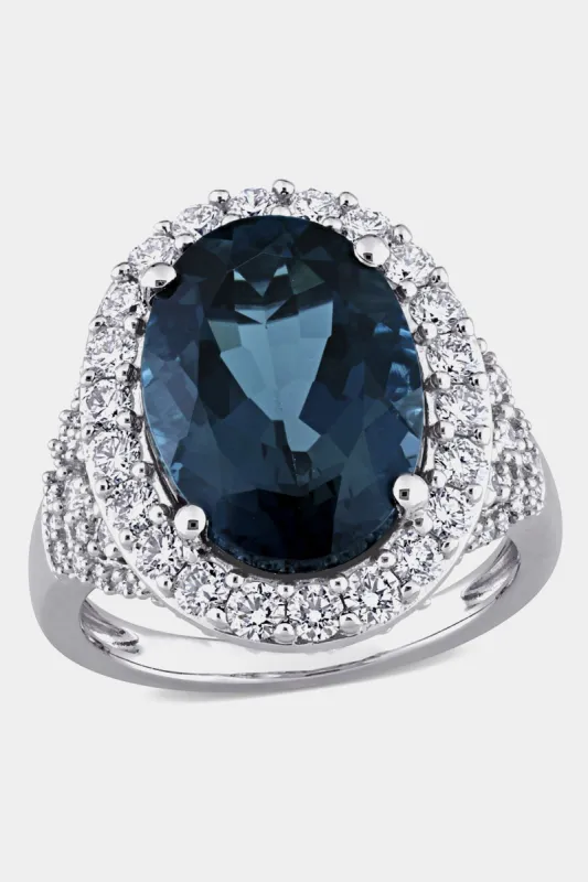 Oval London-Blue Topaz and Diamond Halo Ring in 14k White Gold sold by Lord & Taylor