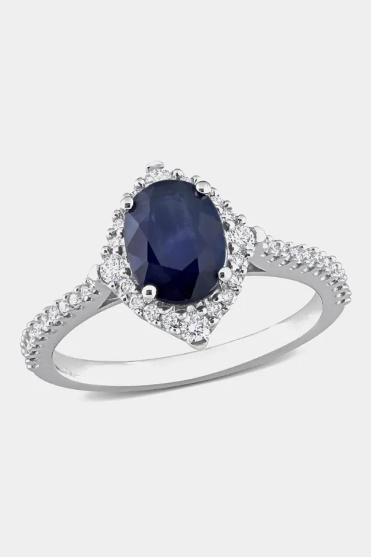 Sapphire and Diamond Halo Ring in 14k White Gold sold by Lord & Taylor