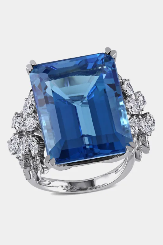 Octagon Swiss-Blue Topaz and Diamond Cocktail Ring in 14k White Gold made by Lord & Taylor