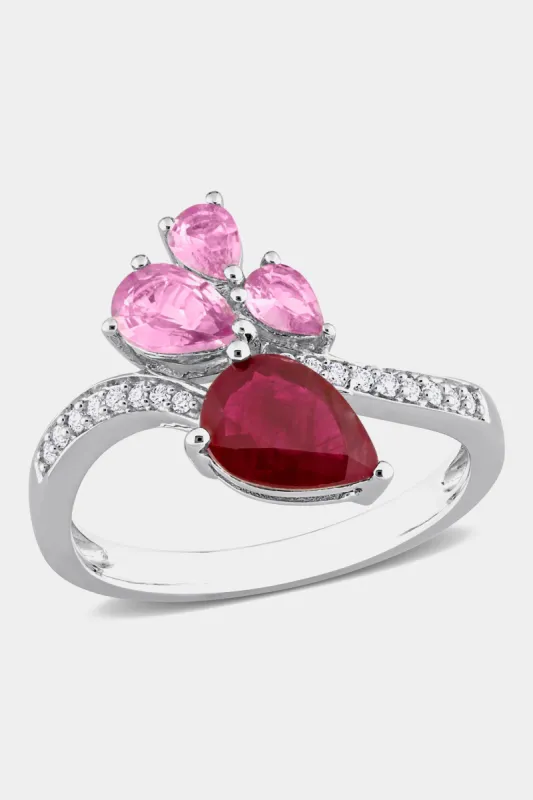 Pear Shape Ruby Pink Sapphire and Diamond Ring in 14K White Gold made by Lord & Taylor