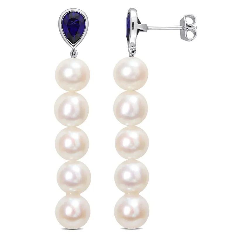 Cultured Freshwater Pearl and Created Blue Sapphire Earrings sold by Lord & Taylor