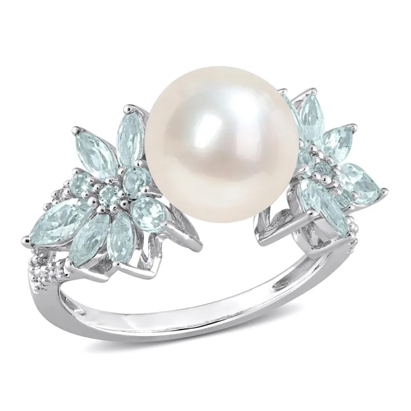Cultured Freshwater Pearl Aquamarine Diamond Ring sold by Lord & Taylor
