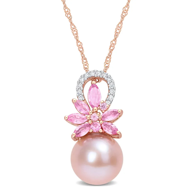 Pink Cultured Freshwater Pearl, Pink Sapphire and Diamond Accent Floral Necklace sold by Lord & Taylor