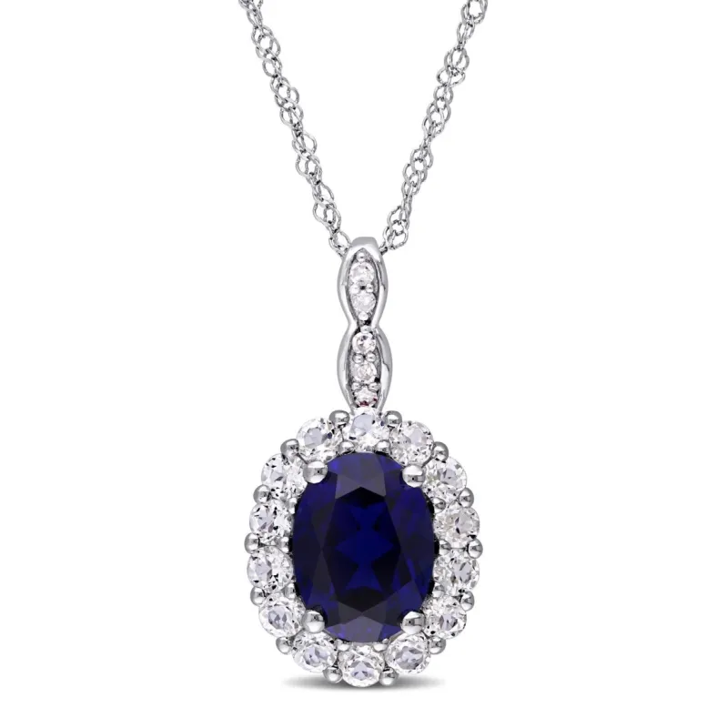 14k White Gold Created Blue Sapphire, White Topaz and Diamond Necklace sold by Lord & Taylor