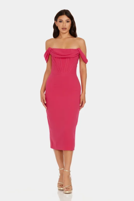 Vickie Off The Shoulder Exposed Boning Draped Bodycon Midi Dress sold by Lord & Taylor