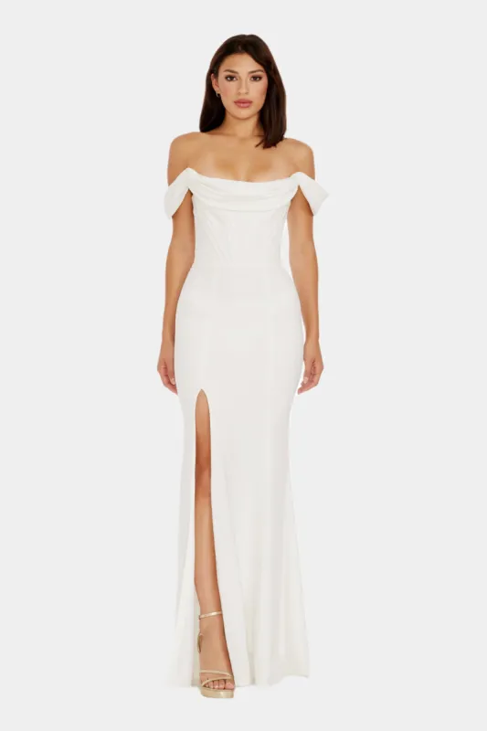 Melania Off The Shoulder Exposed Boning Draped Mermiad Gown sold by Lord & Taylor
