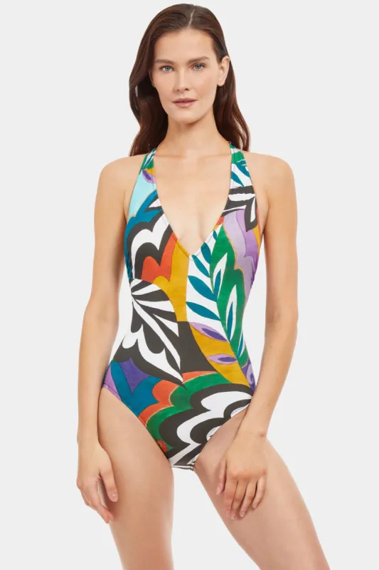 Tribal Art Plunge Neck Halter Tie-Back One Piece sold by Lord & Taylor