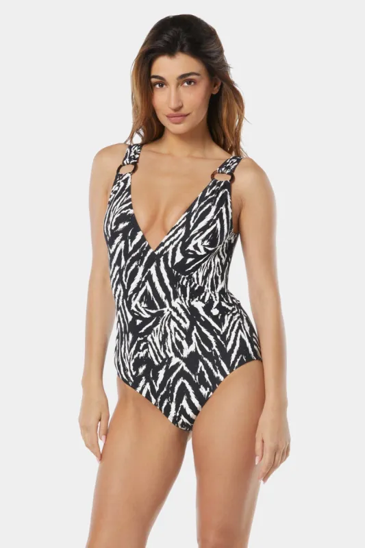 Resort Zebra V Neck One Piece Swimsuit made by Carmen Marc Valvo