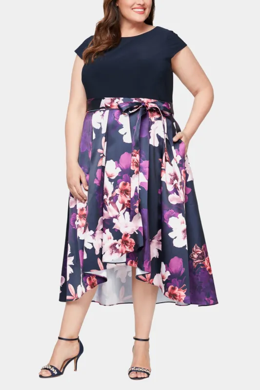 Plus Size Cap Sleeve Printed Silk Skirt Party Dress With Tie Belt And High/Low Hem sold by Lord & Taylor