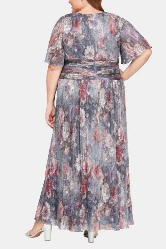 Long A-Line Printed Dress With Surplice Neckline, Flutter Sleeves And Ruched Waist Detail sold by Lord & Taylor